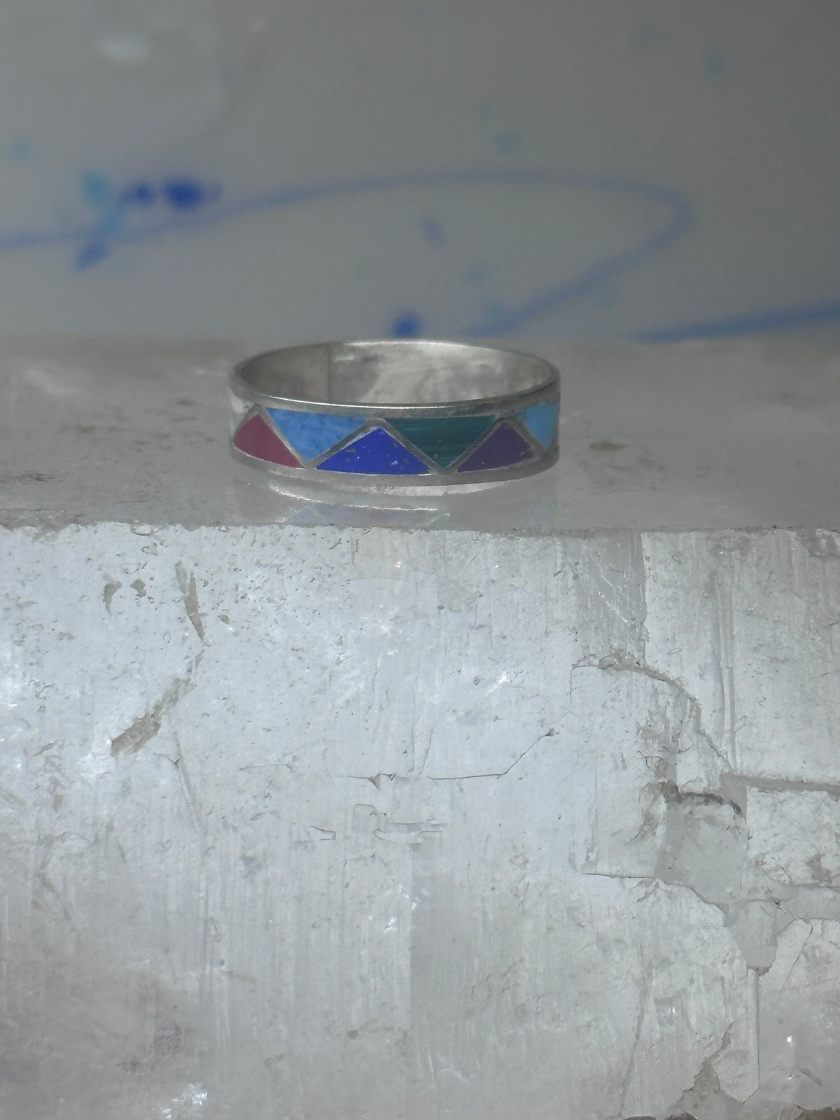 Vintage Sterling Silver Rough Reconstituted Multi Stone Geometric Band Signed R Size 9 925