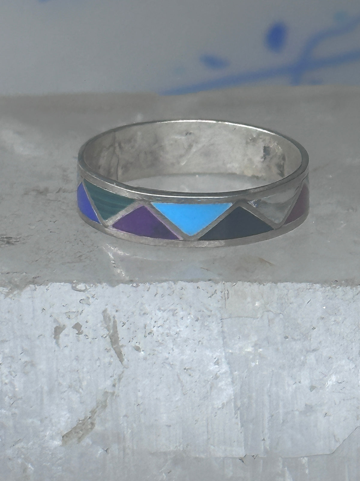 Vintage Sterling Silver Rough Reconstituted Multi Stone Geometric Band Signed R Size 9 925