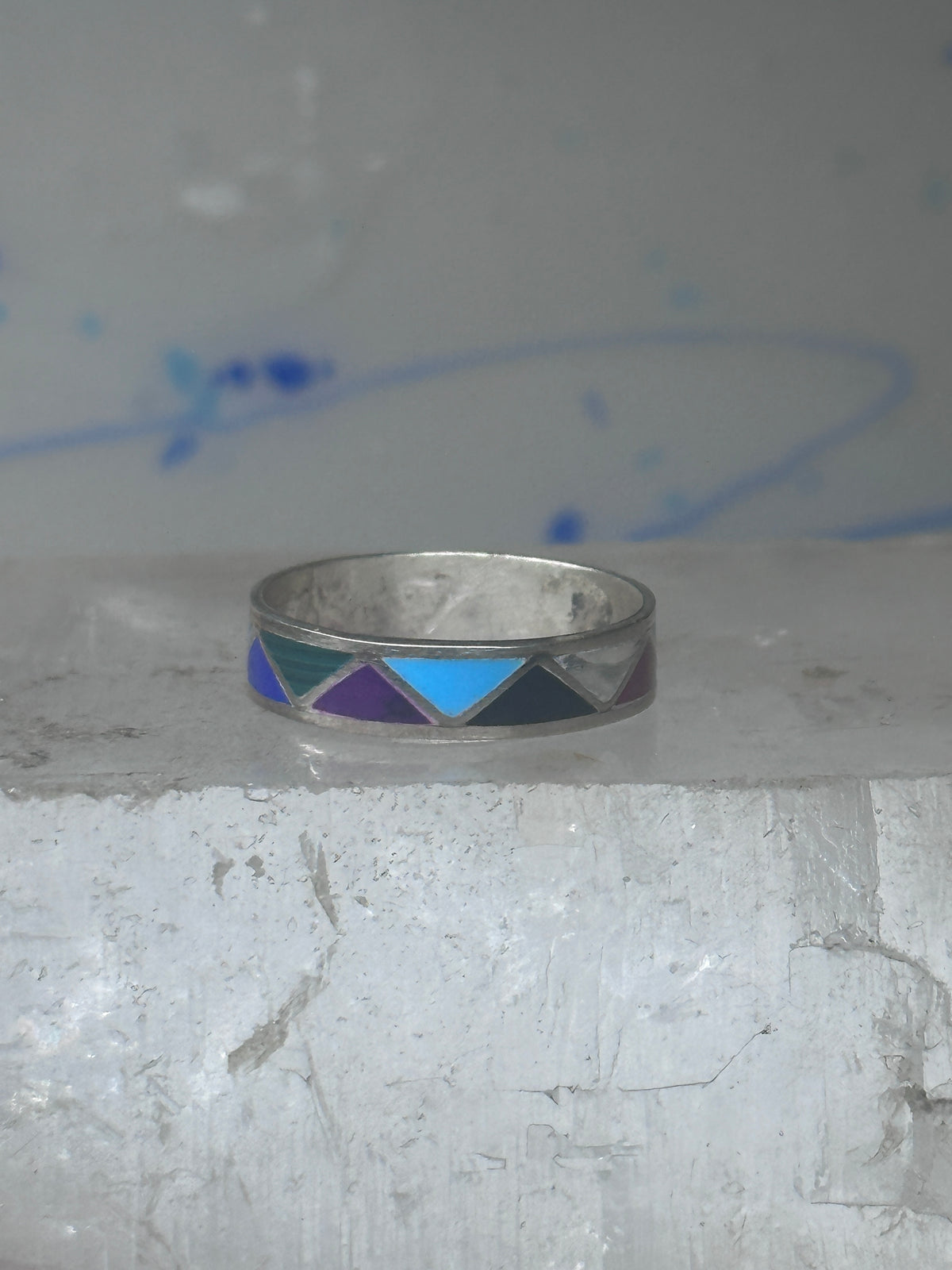 Vintage Sterling Silver Rough Reconstituted Multi Stone Geometric Band Signed R Size 9 925