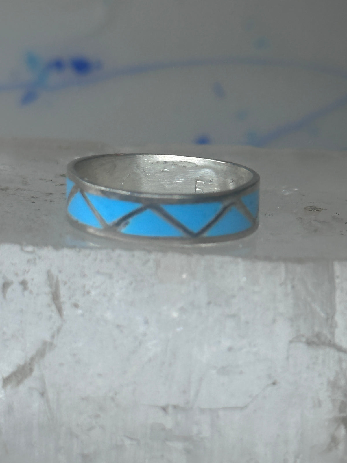 Vintage Sterling Silver Rough Reconstituted Turquoise Geometric Band Signed R Size 7.25 7.50 925
