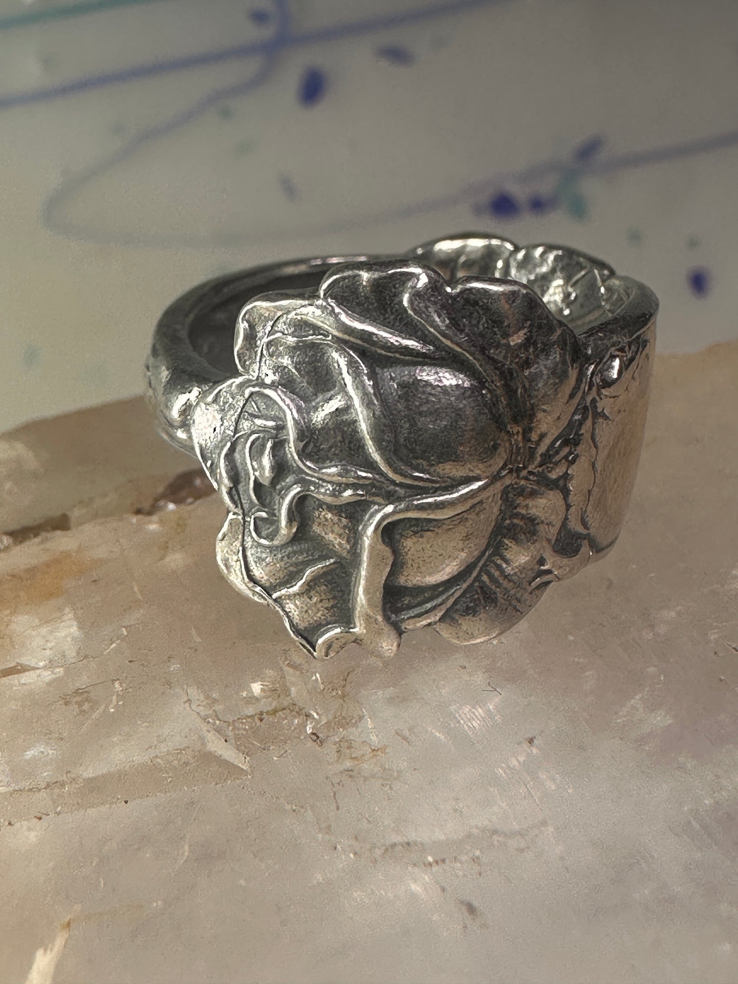 Rose spoon ring size 7.50 adjustable flower floral sterling silver band