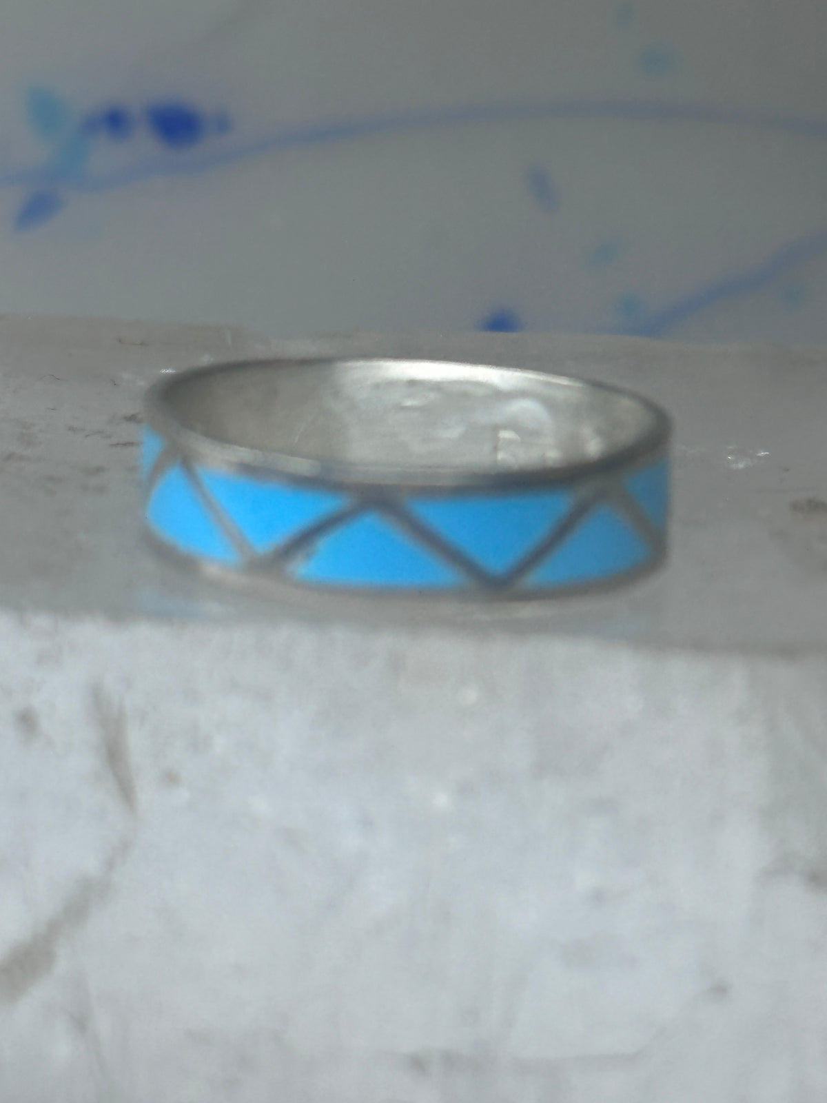 Vintage Sterling Silver Rough Reconstituted Turquoise Geometric Band Signed R Size 7.25 7.50 925