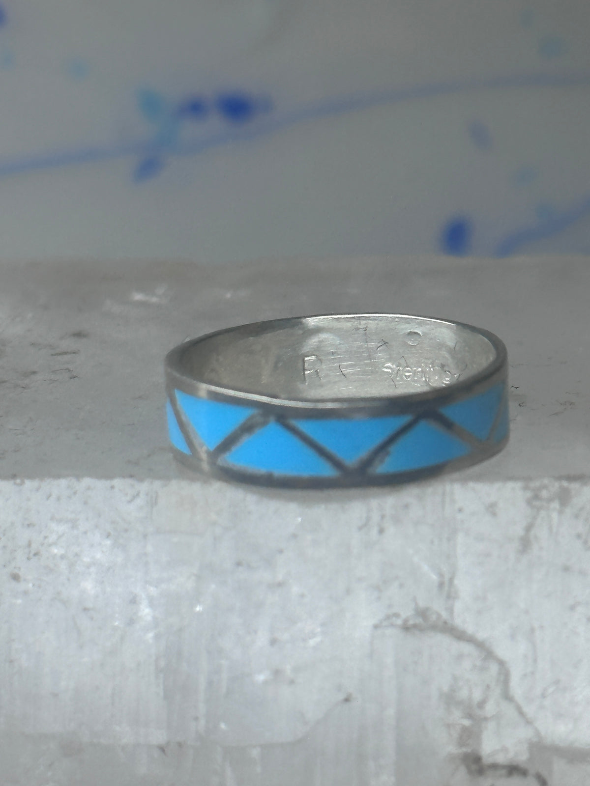 Vintage Sterling Silver Rough Reconstituted Turquoise Geometric Band Signed R Size 7.25 7.50 925