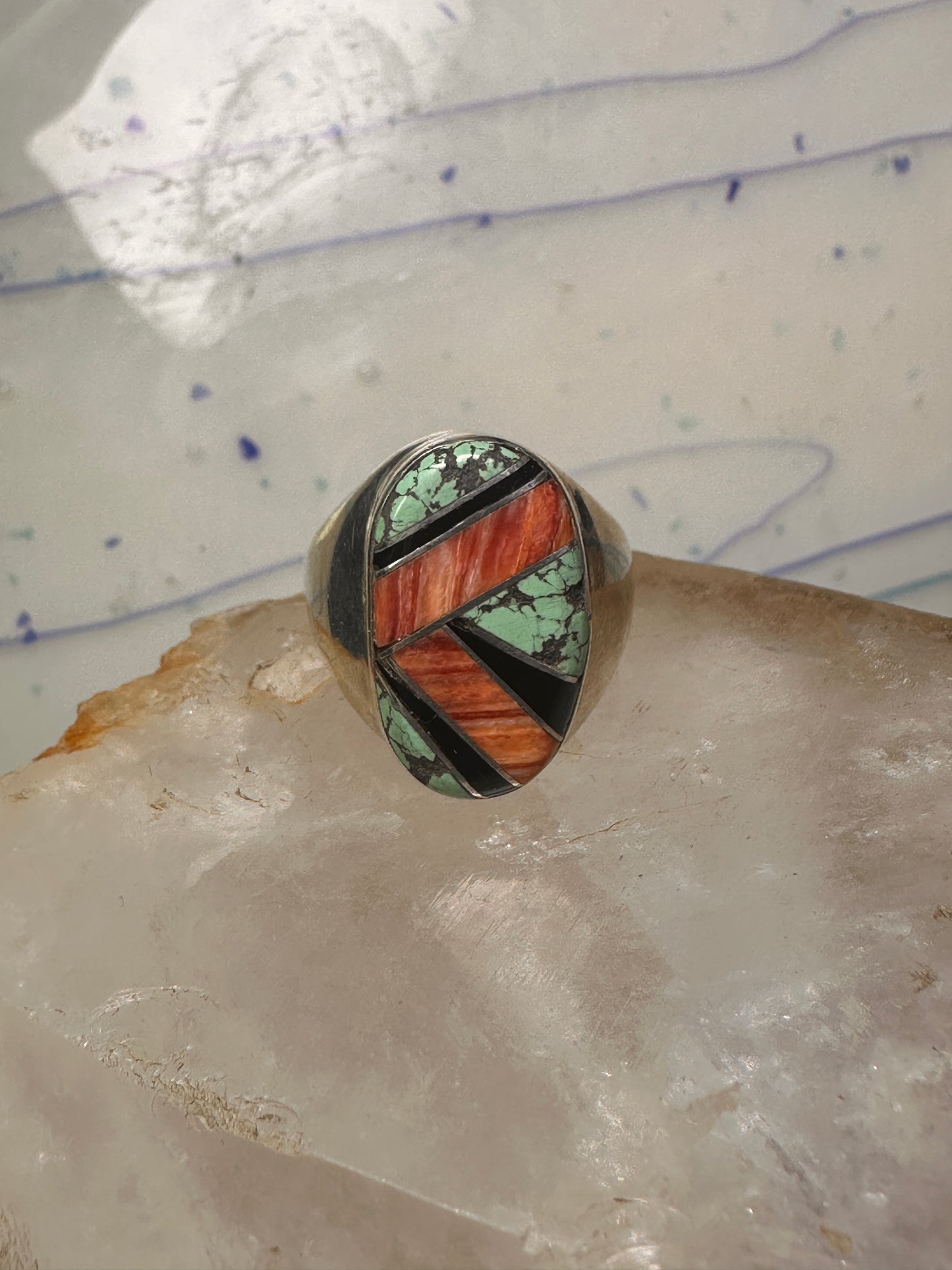 Navajo ring turquoise coral band size 10 sterling silver women men