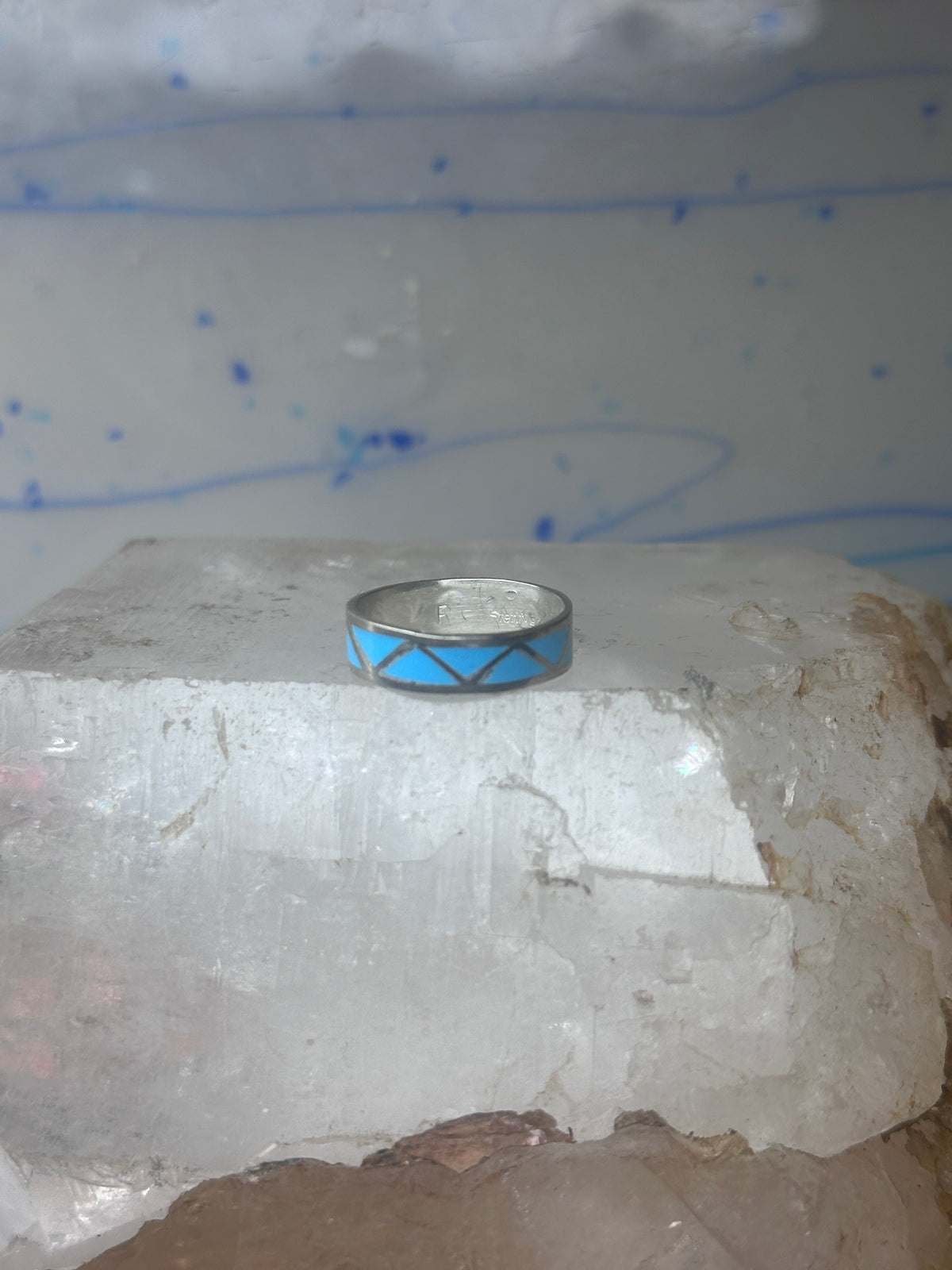 Vintage Sterling Silver Rough Reconstituted Turquoise Geometric Band Signed R Size 7.25 7.50 925