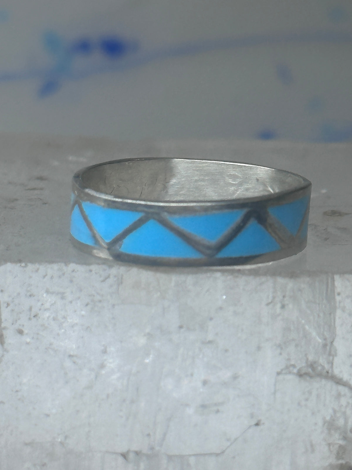 Vintage Sterling Silver Rough Reconstituted Turquoise Geometric Band Signed R Size 7.25 7.50 925