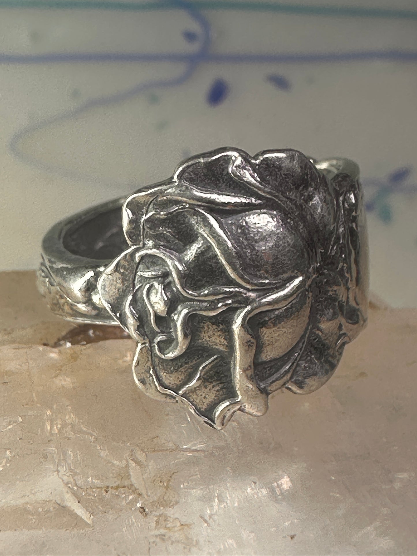 Rose spoon ring size 7.50 adjustable flower floral sterling silver band