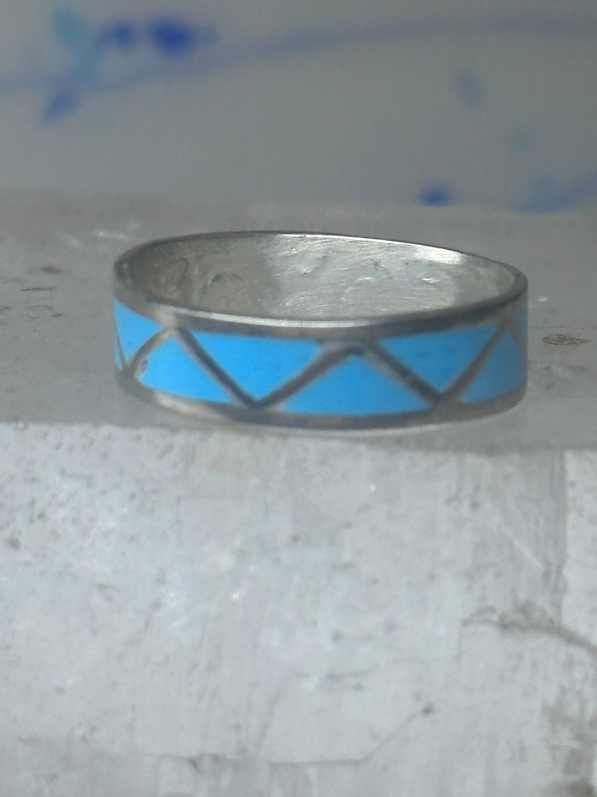 Vintage Sterling Silver Rough Reconstituted Turquoise Geometric Band Signed R Size 7.25 7.50 925