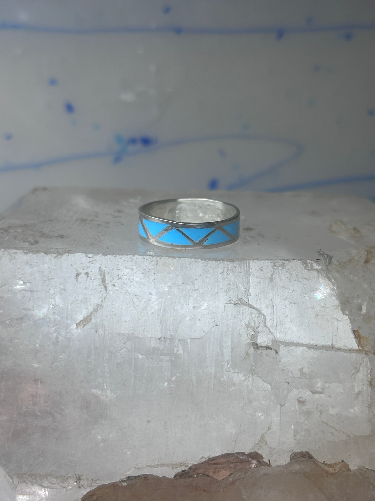 Vintage Sterling Silver Rough Reconstituted Turquoise Geometric Band Signed R Size 7.25 7.50 925