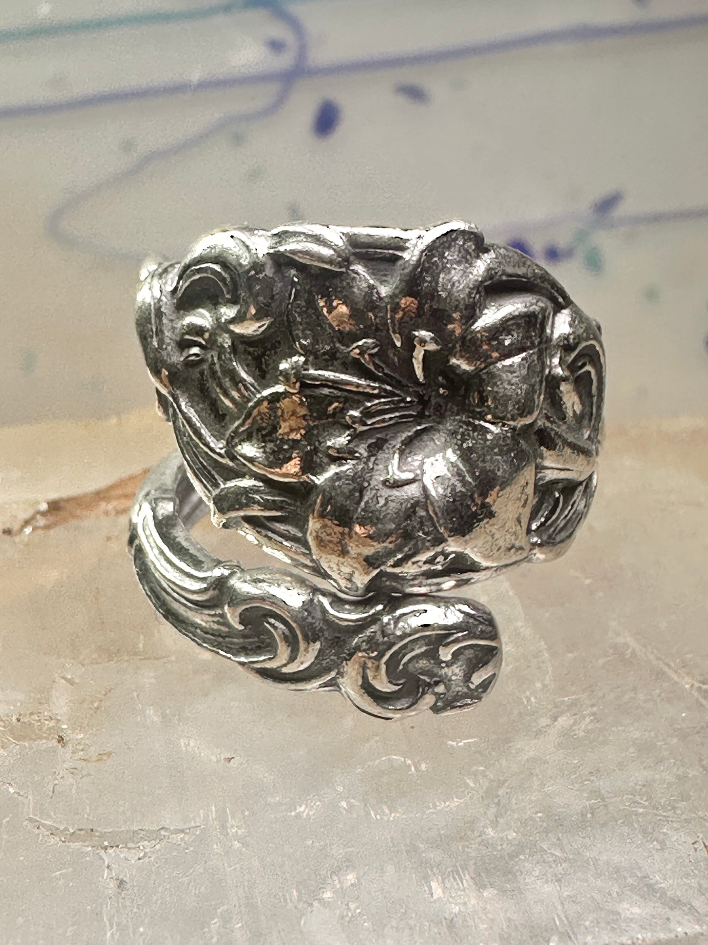 Lily spoon ring size 7.50 adjustable flower floral sterling silver band