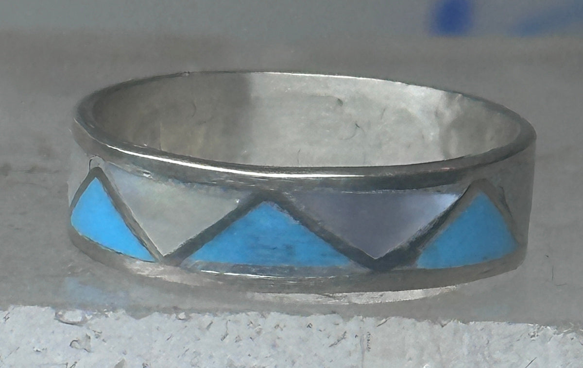 Vintage Sterling Silver Reconstituted Turquoise Mother of Pearl Band Signed R Size 8.25 8.50 925