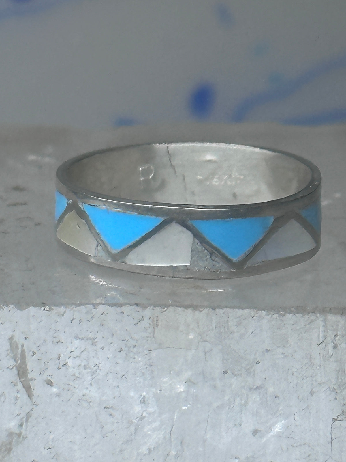 Vintage Sterling Silver Reconstituted Turquoise Mother of Pearl Band Signed R Size 8.25 8.50 925