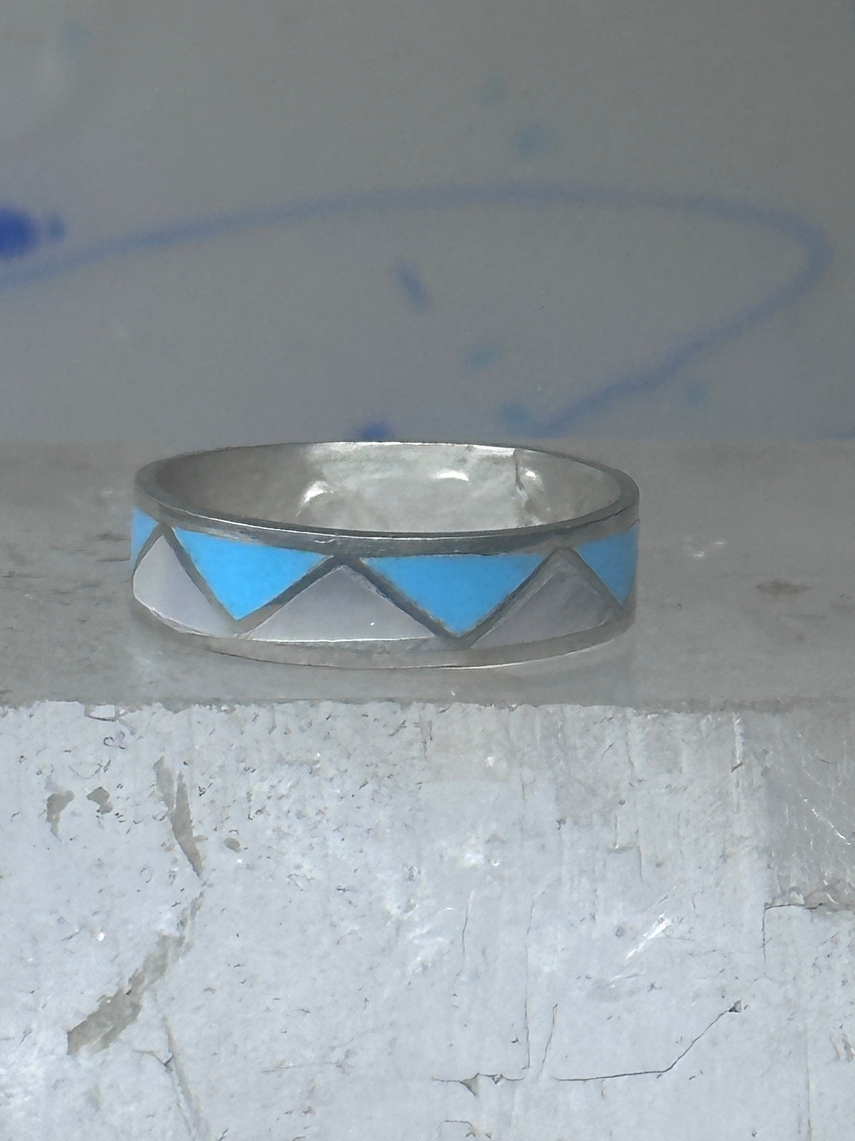 Vintage Sterling Silver Reconstituted Turquoise Mother of Pearl Band Signed R Size 8.25 8.50 925