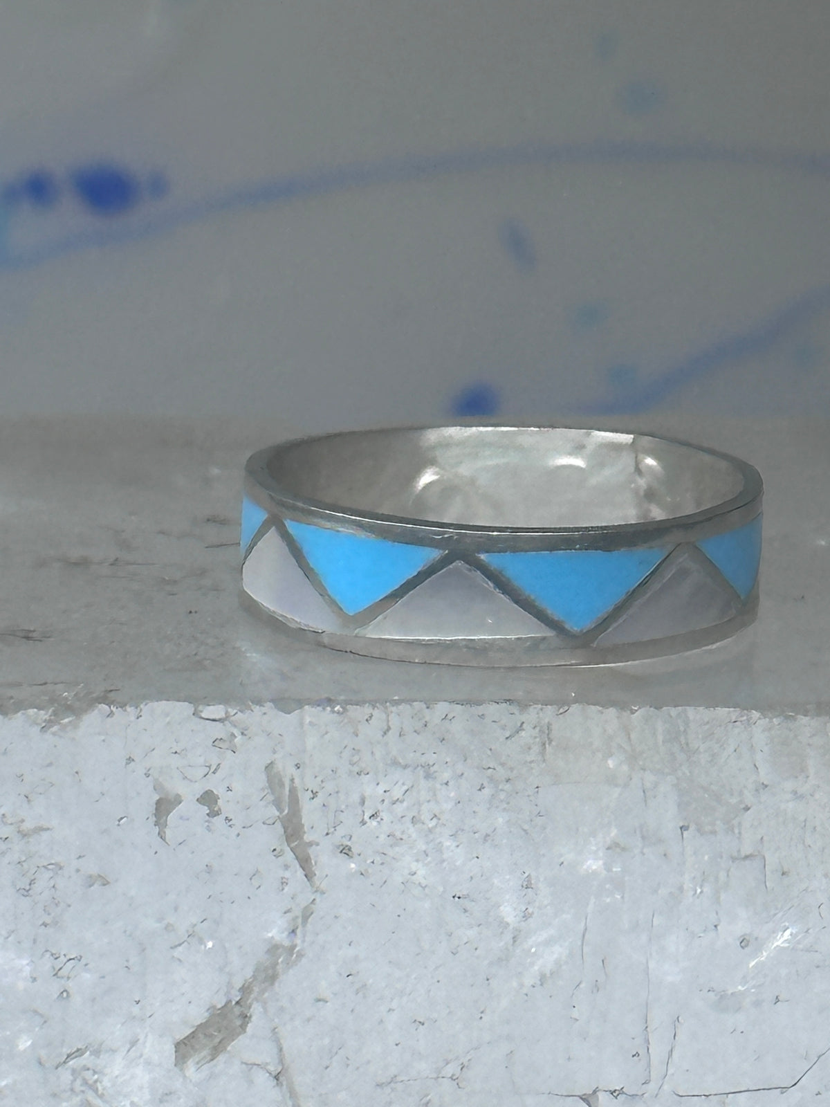 Vintage Sterling Silver Reconstituted Turquoise Mother of Pearl Band Signed R Size 8.25 8.50 925