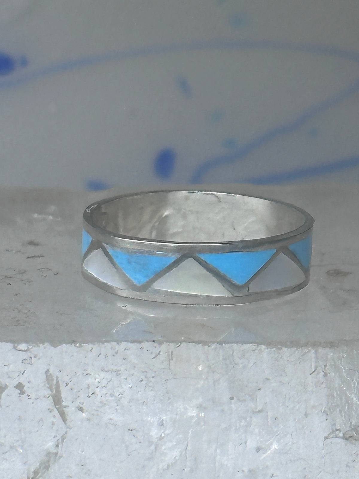 Vintage Sterling Silver Reconstituted Turquoise Mother of Pearl Band Signed R Size 8.25 8.50 925