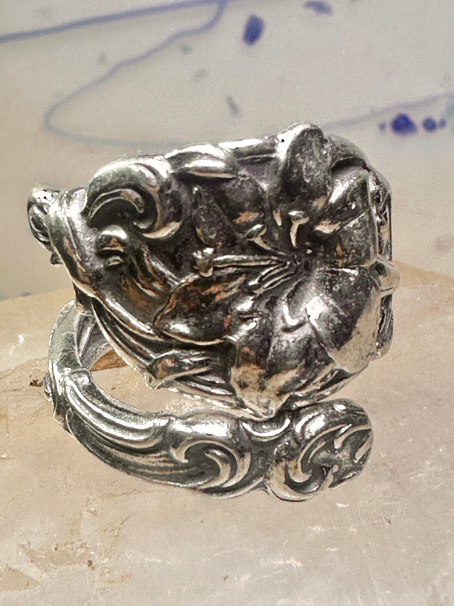 Lily spoon ring size 7.50 adjustable flower floral sterling silver band