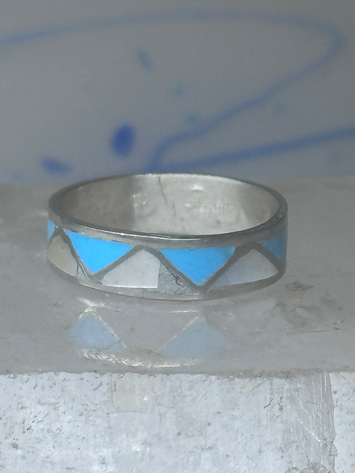 Vintage Sterling Silver Reconstituted Turquoise Mother of Pearl Band Signed R Size 8.25 8.50 925