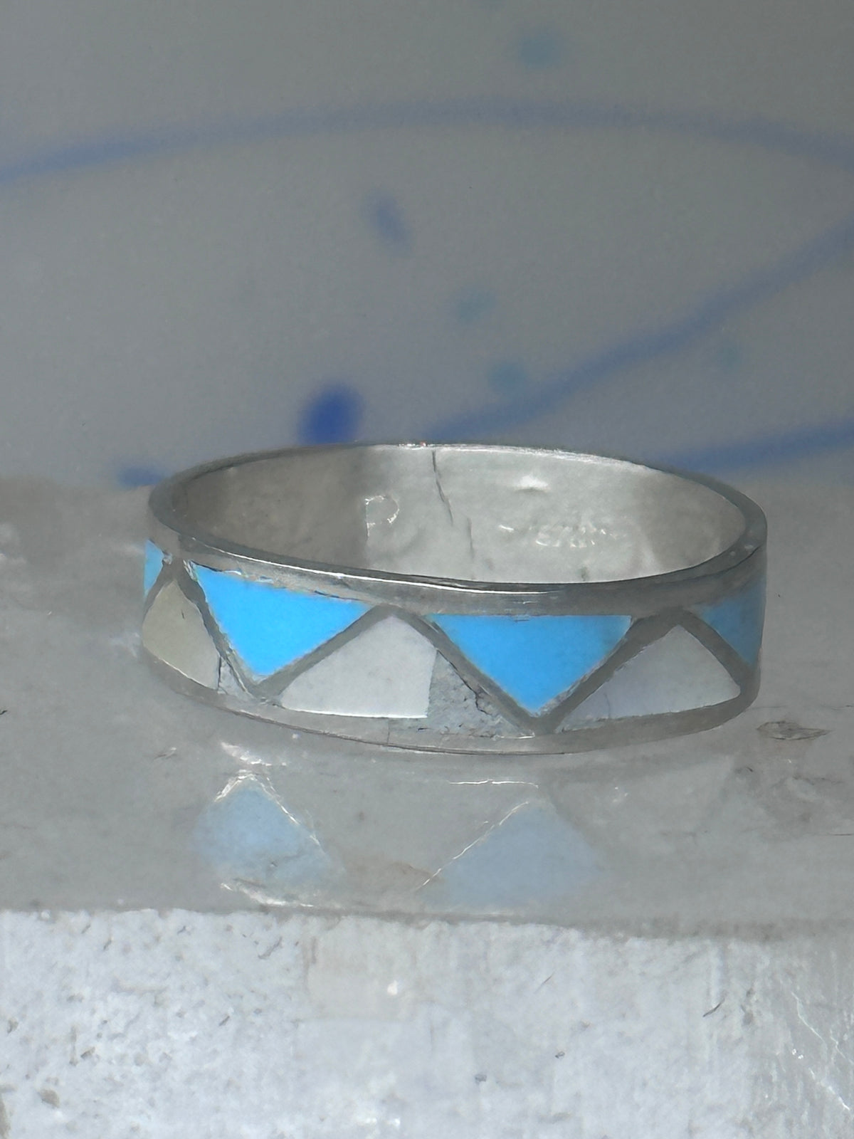 Vintage Sterling Silver Reconstituted Turquoise Mother of Pearl Band Signed R Size 8.25 8.50 925