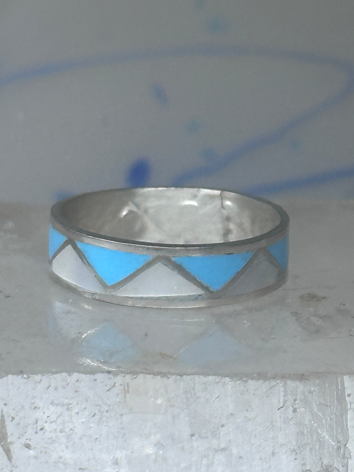 Vintage Sterling Silver Reconstituted Turquoise Mother of Pearl Band Signed R Size 8.25 8.50 925