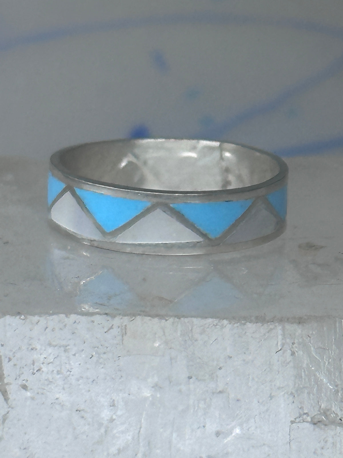 Vintage Sterling Silver Reconstituted Turquoise Mother of Pearl Band Signed R Size 8.25 8.50 925