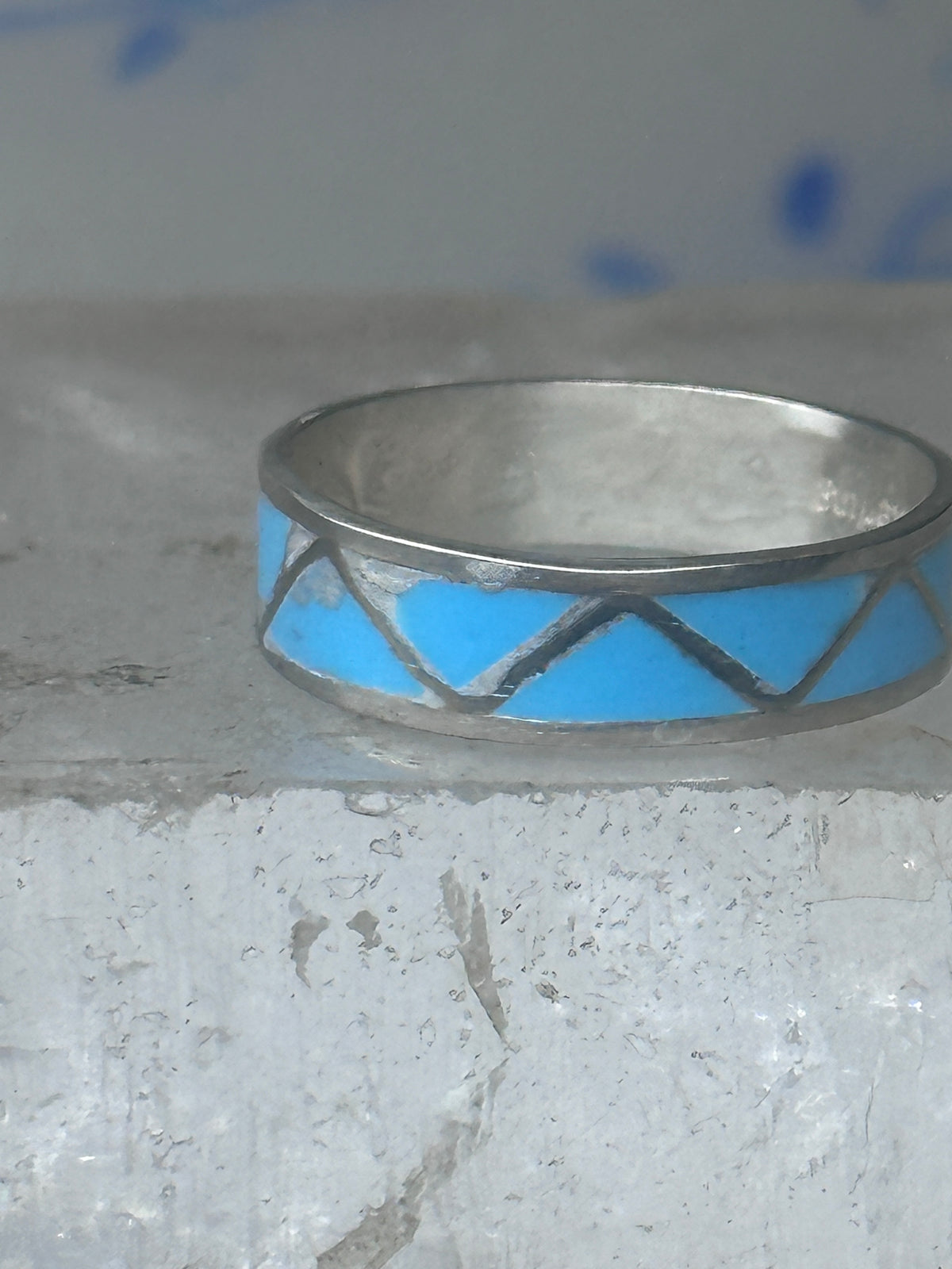 Vintage Sterling Silver Rough Reconstituted Turquoise Geometric Band Signed R Size 8.50 925