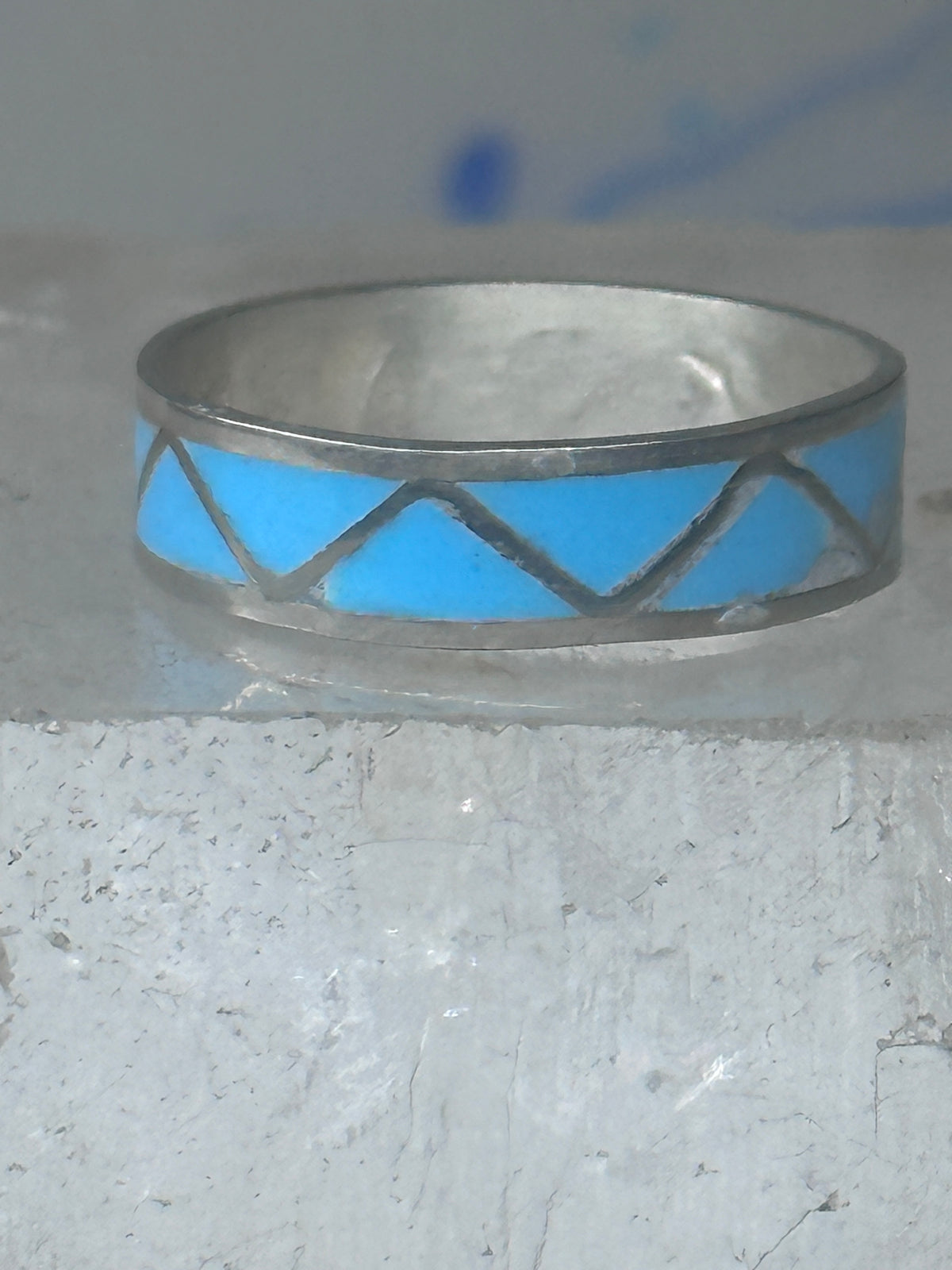Vintage Sterling Silver Rough Reconstituted Turquoise Geometric Band Signed R Size 8.50 925