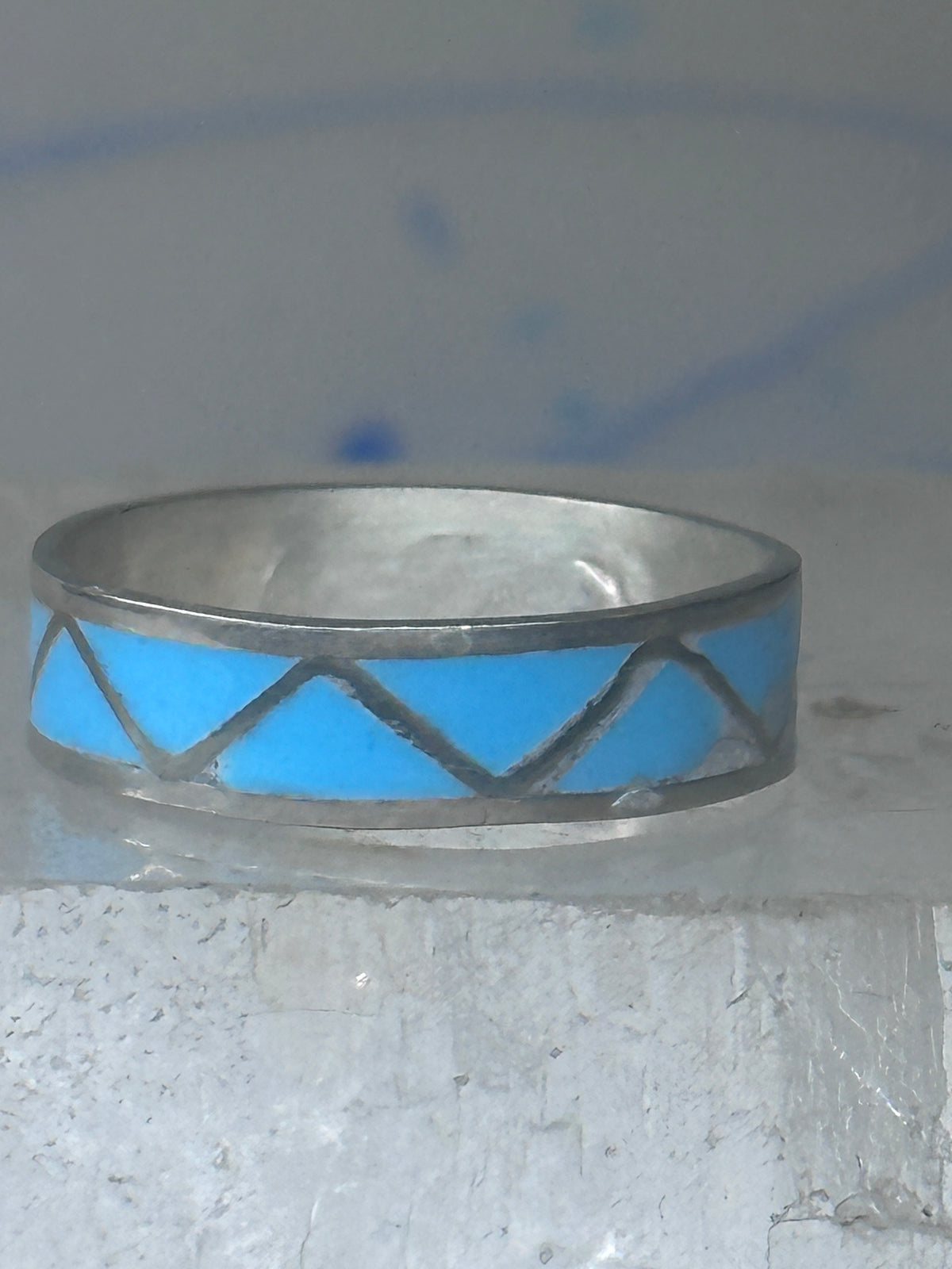 Vintage Sterling Silver Rough Reconstituted Turquoise Geometric Band Signed R Size 8.50 925