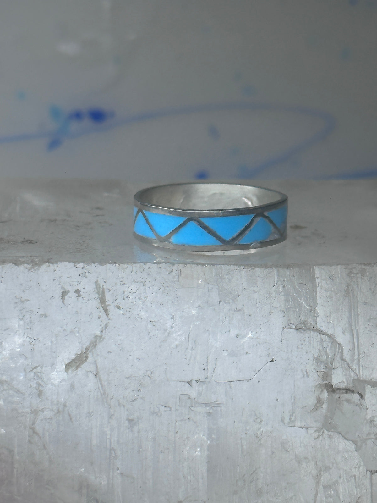 Vintage Sterling Silver Rough Reconstituted Turquoise Geometric Band Signed R Size 8.50 925