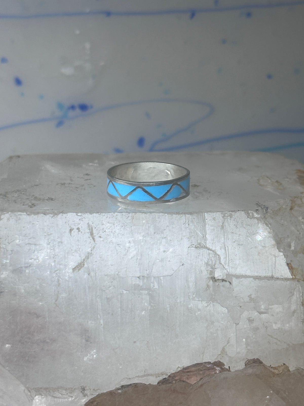 Vintage Sterling Silver Rough Reconstituted Turquoise Geometric Band Signed R Size 8.50 925