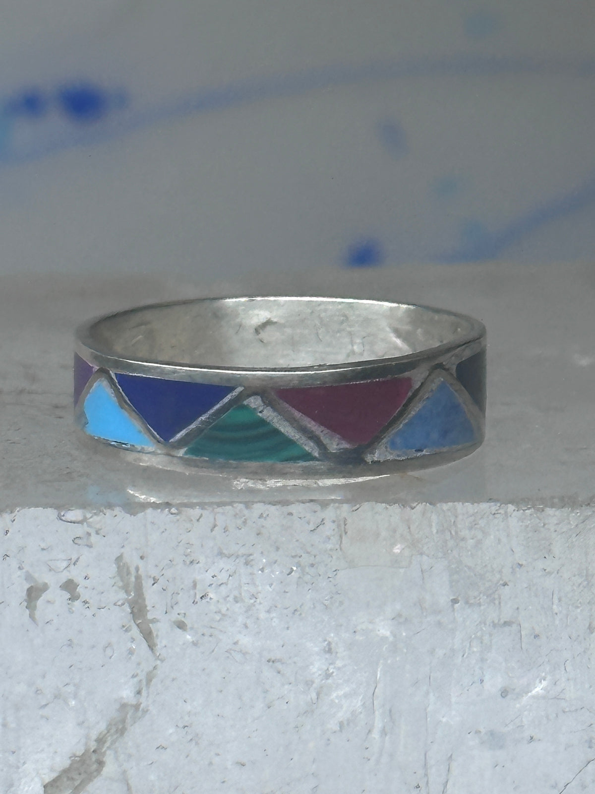 Vintage Sterling Silver Rough Reconstituted Multi Stone Geometric Band Size 8 925