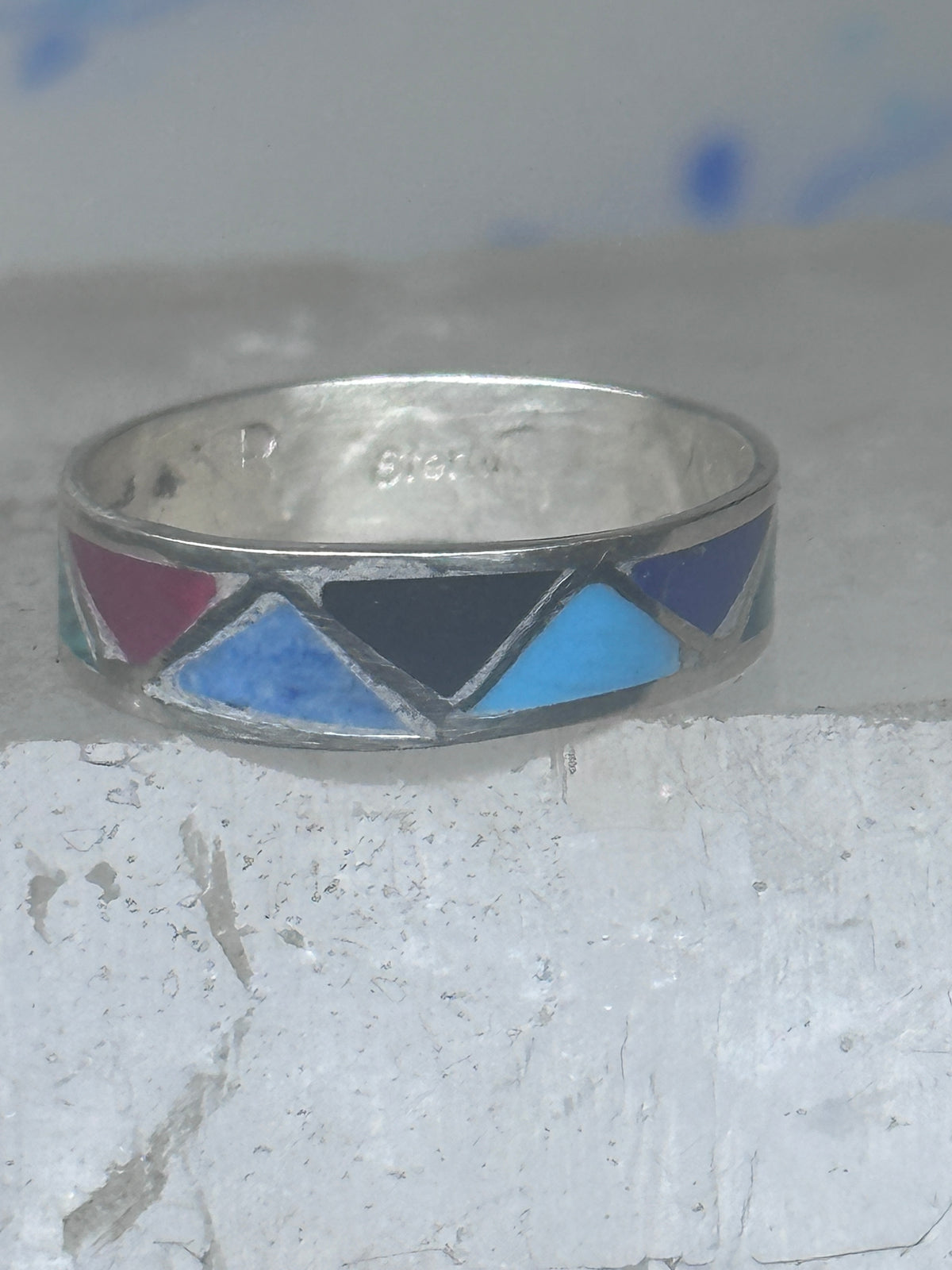 Vintage Sterling Silver Rough Reconstituted Multi Stone Geometric Band Size 8 925
