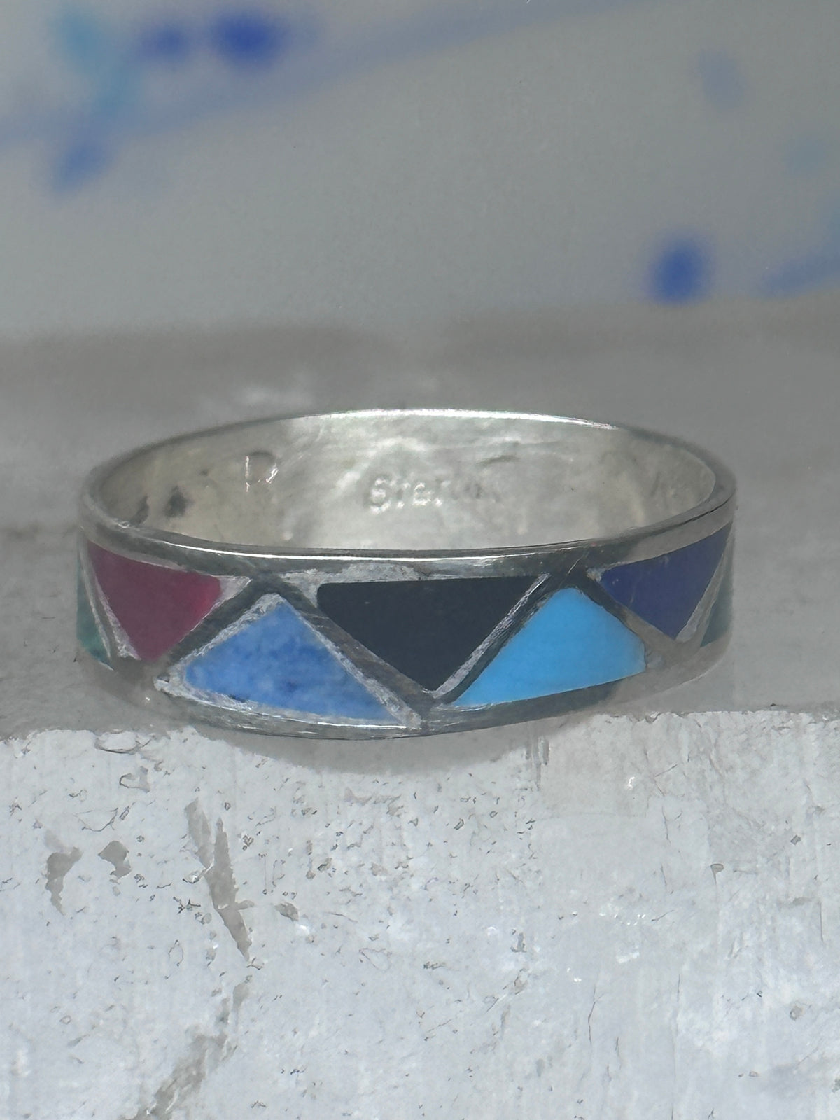 Vintage Sterling Silver Rough Reconstituted Multi Stone Geometric Band Size 8 925
