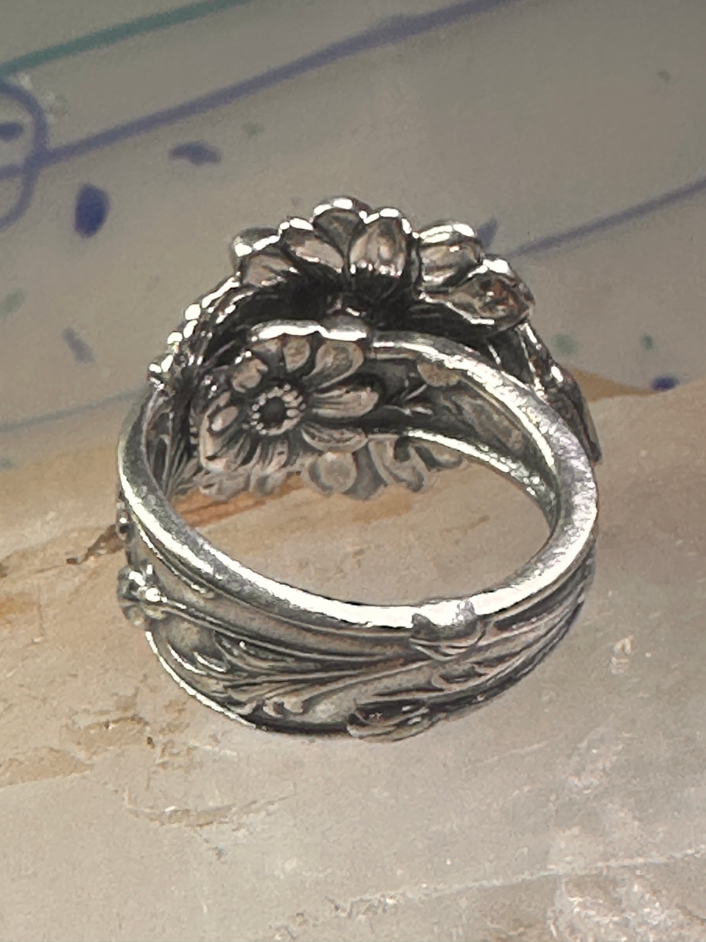 Sunflower spoon ring size 7.50 adjustable flower floral sterling silver band