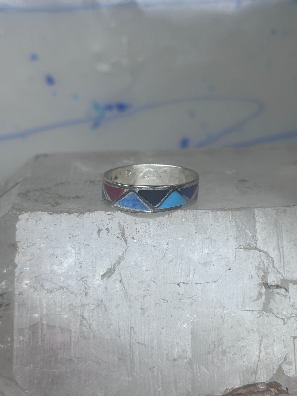 Vintage Sterling Silver Rough Reconstituted Multi Stone Geometric Band Size 8 925
