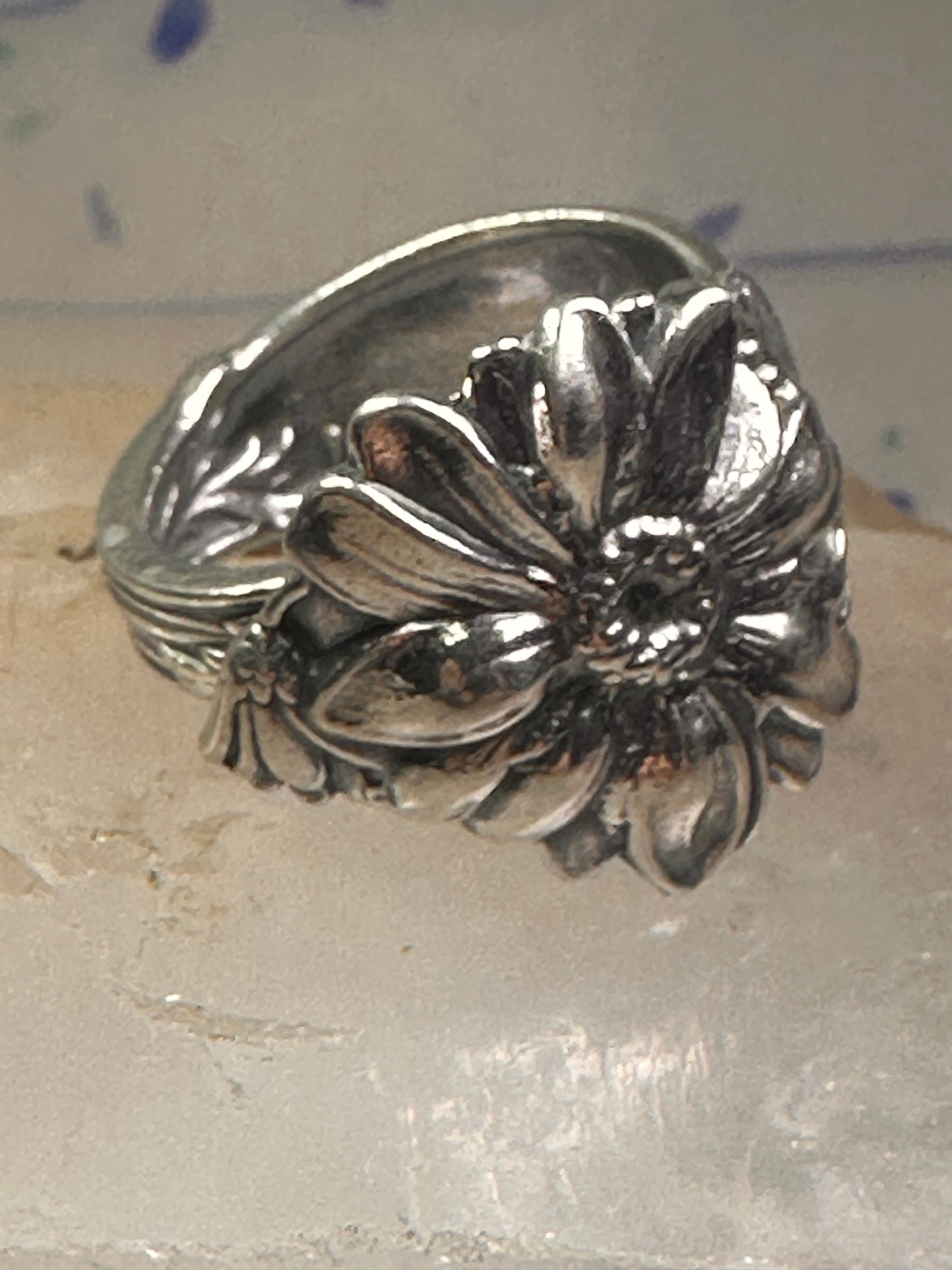 Sunflower spoon ring size 7.50 adjustable flower floral sterling silver band