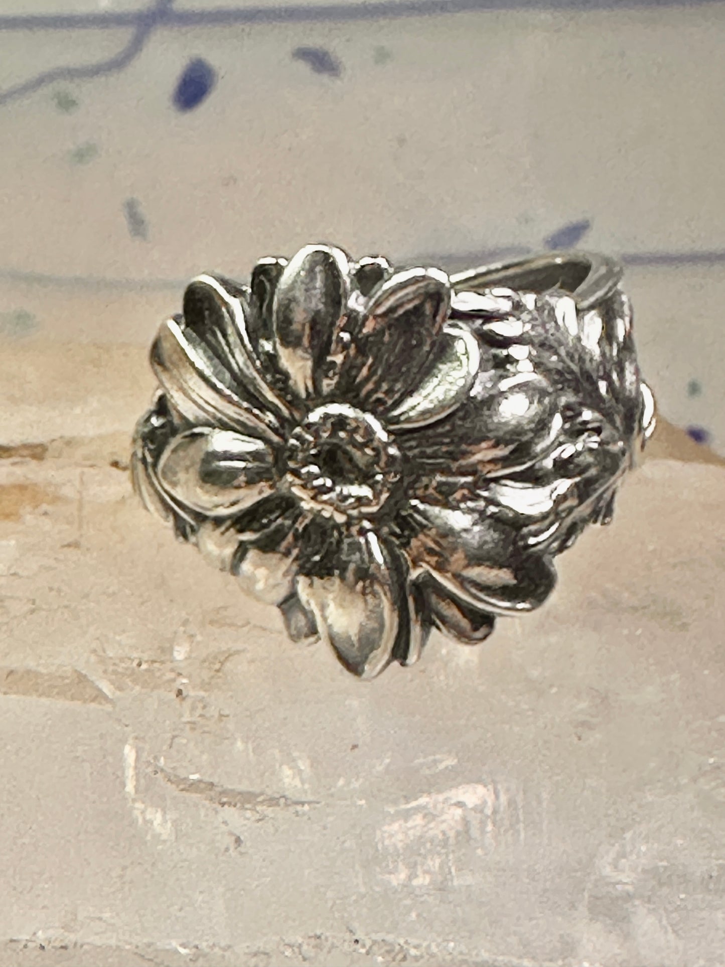 Sunflower spoon ring size 7.50 adjustable flower floral sterling silver band