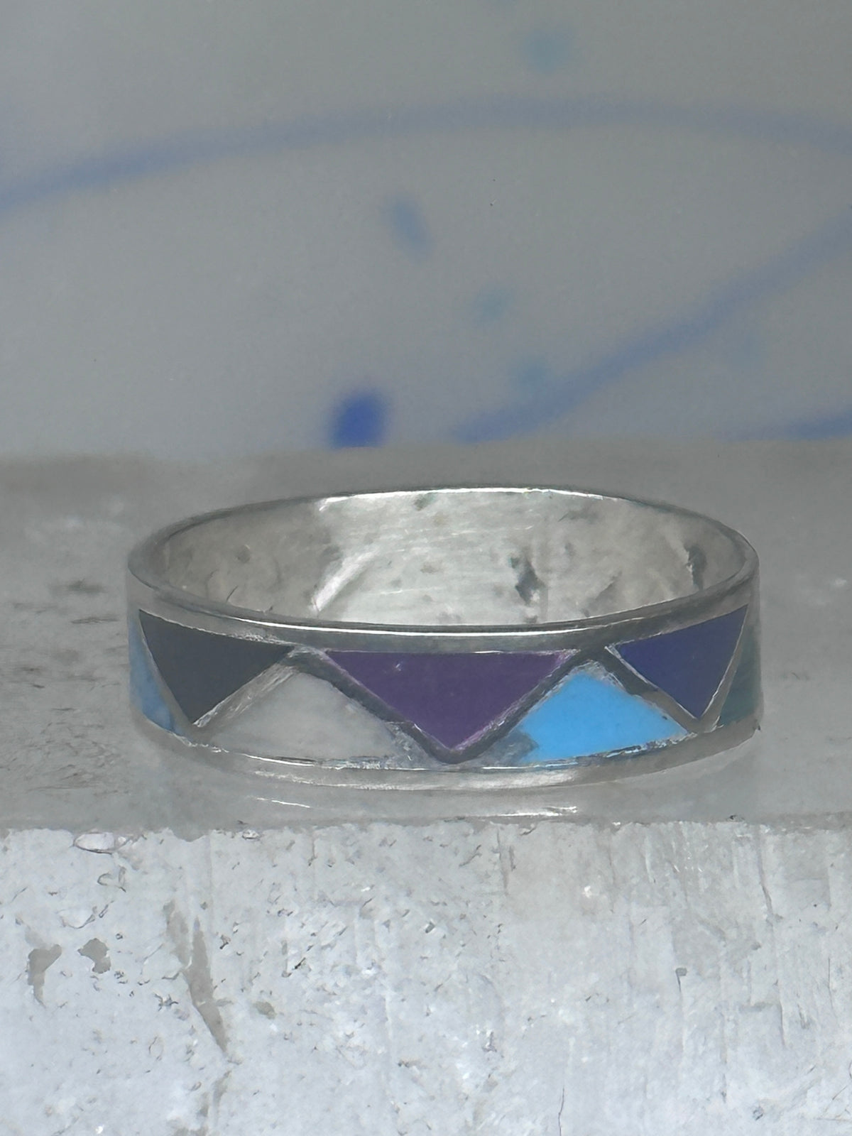Vintage Sterling Silver Rough Reconstituted Multi Stone Geometric Band Size 8 925