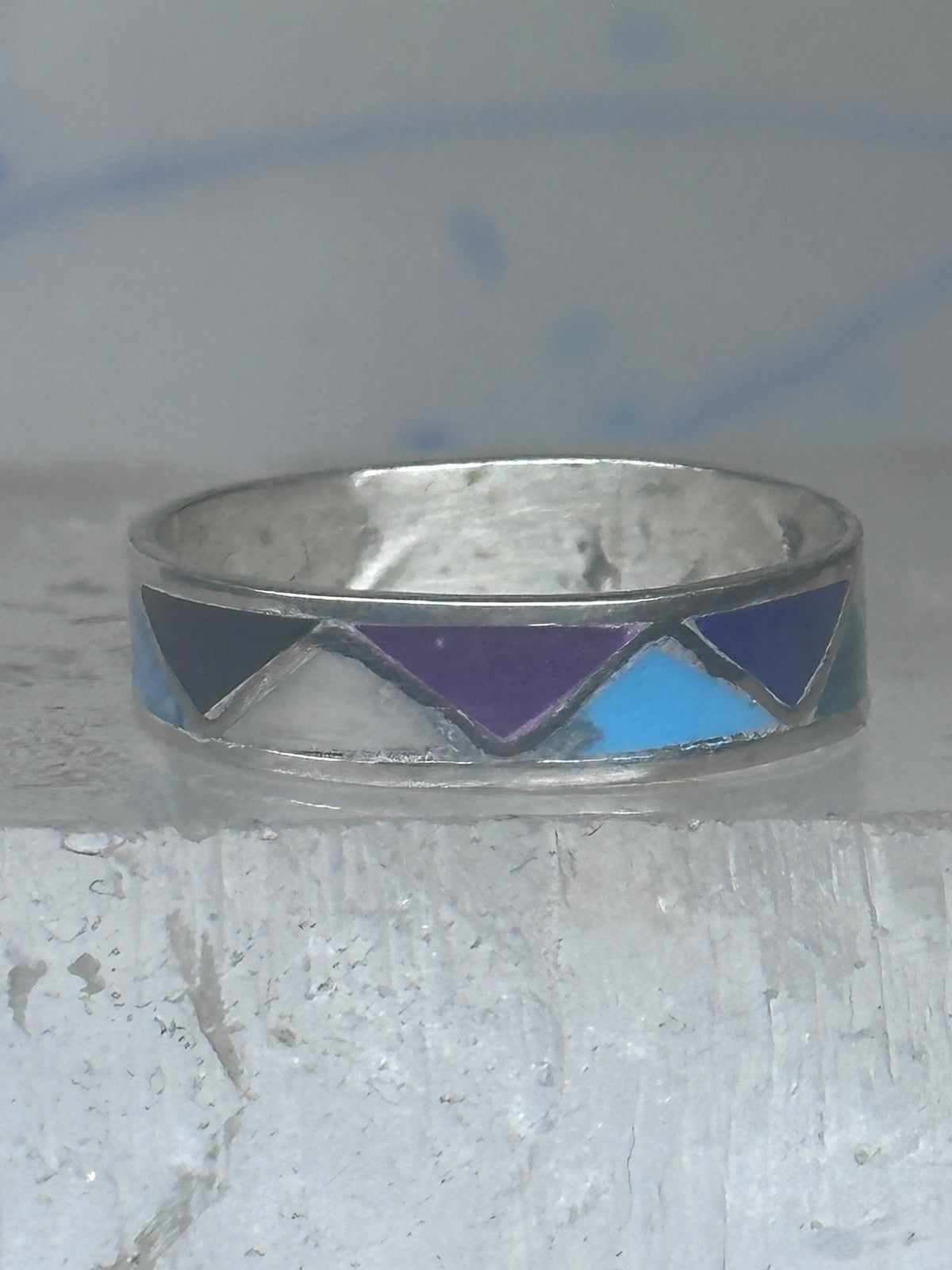 Vintage Sterling Silver Rough Reconstituted Multi Stone Geometric Band Size 8 925