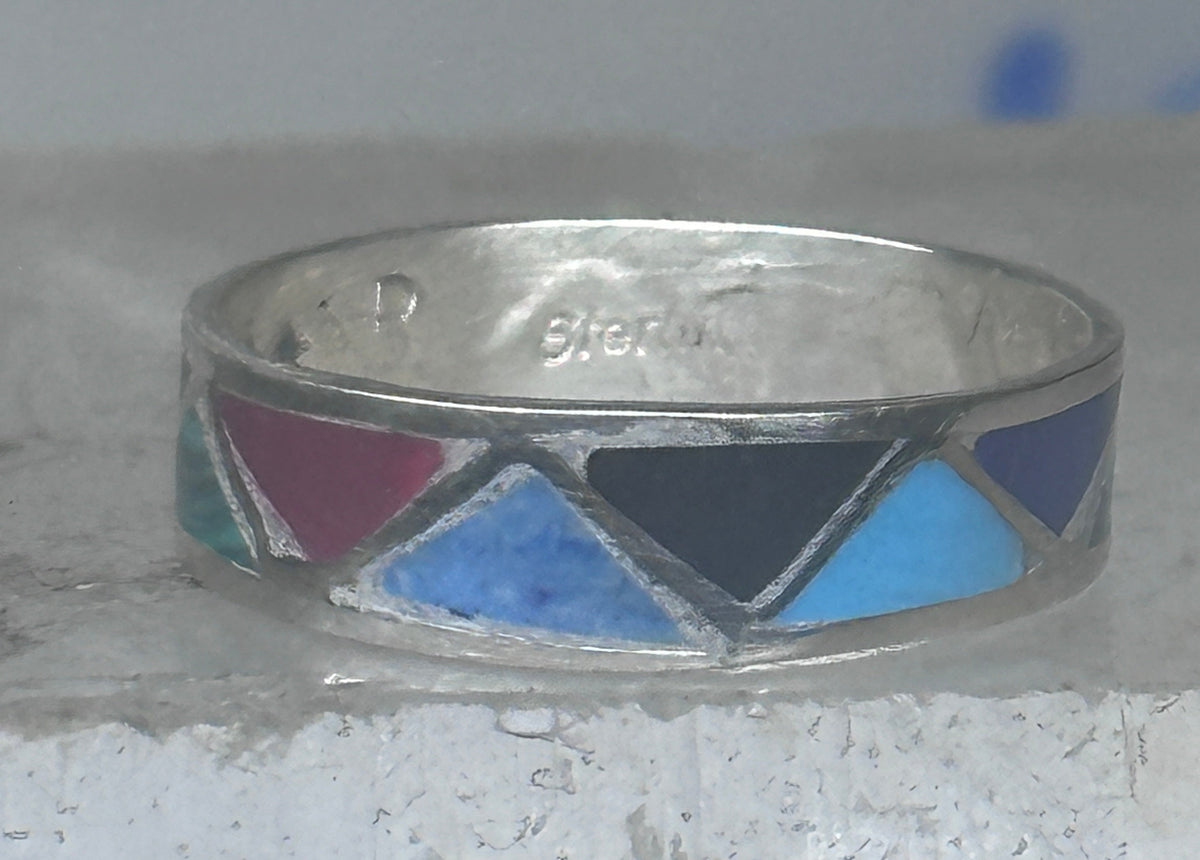 Vintage Sterling Silver Rough Reconstituted Multi Stone Geometric Band Size 8 925