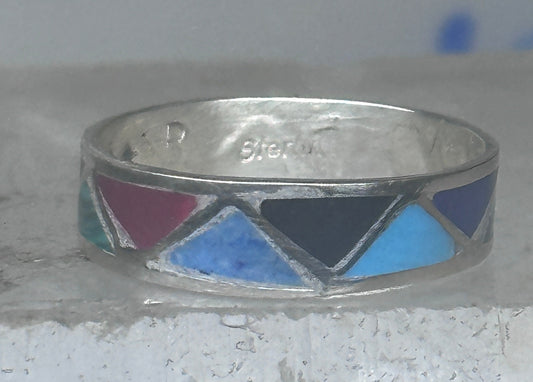 Vintage Sterling Silver Rough Reconstituted Multi Stone Geometric Band Size 8 925