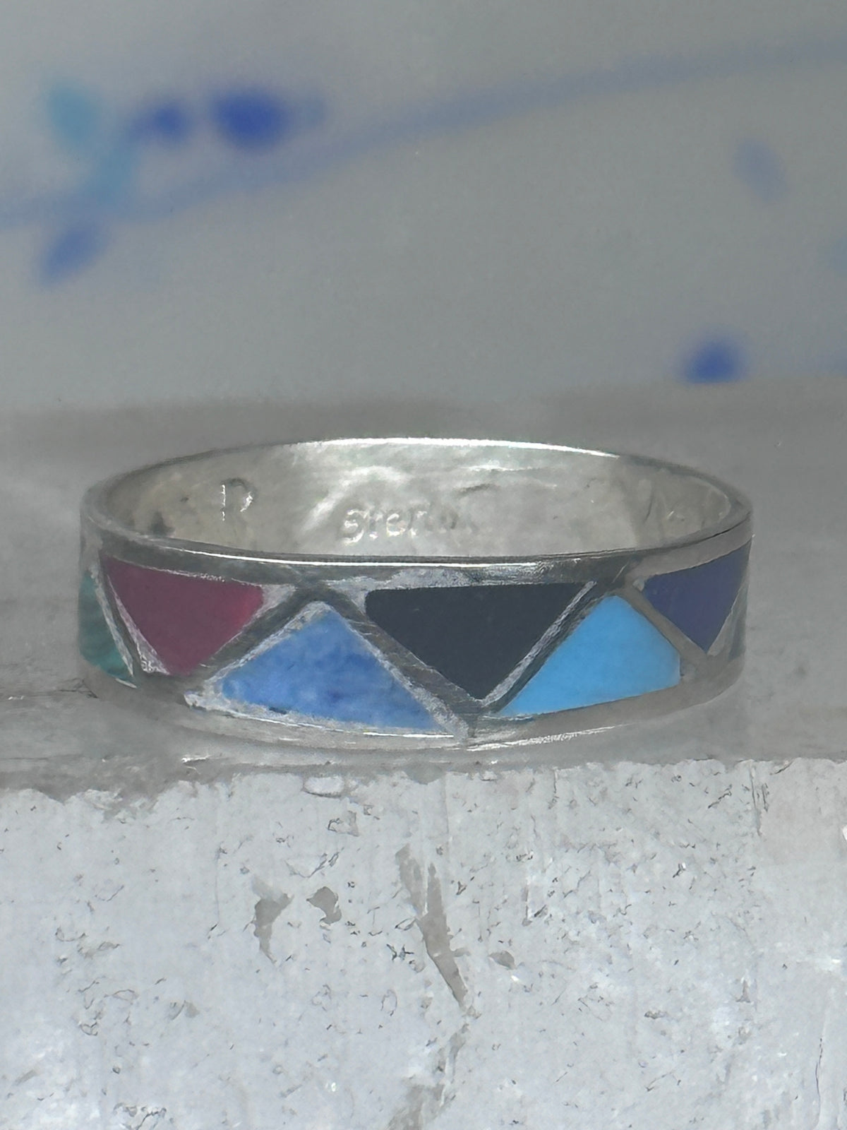 Vintage Sterling Silver Rough Reconstituted Multi Stone Geometric Band Size 8 925