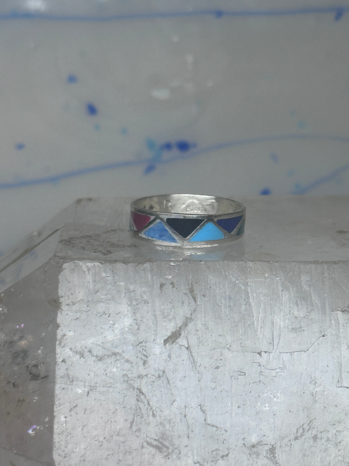 Vintage Sterling Silver Rough Reconstituted Multi Stone Geometric Band Size 8 925