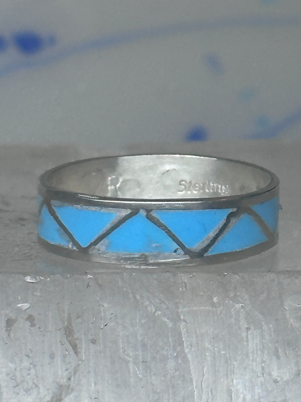 Vintage Sterling Silver Rough Reconstituted Turquoise Geometric Band Size 8.50 8.75 925
