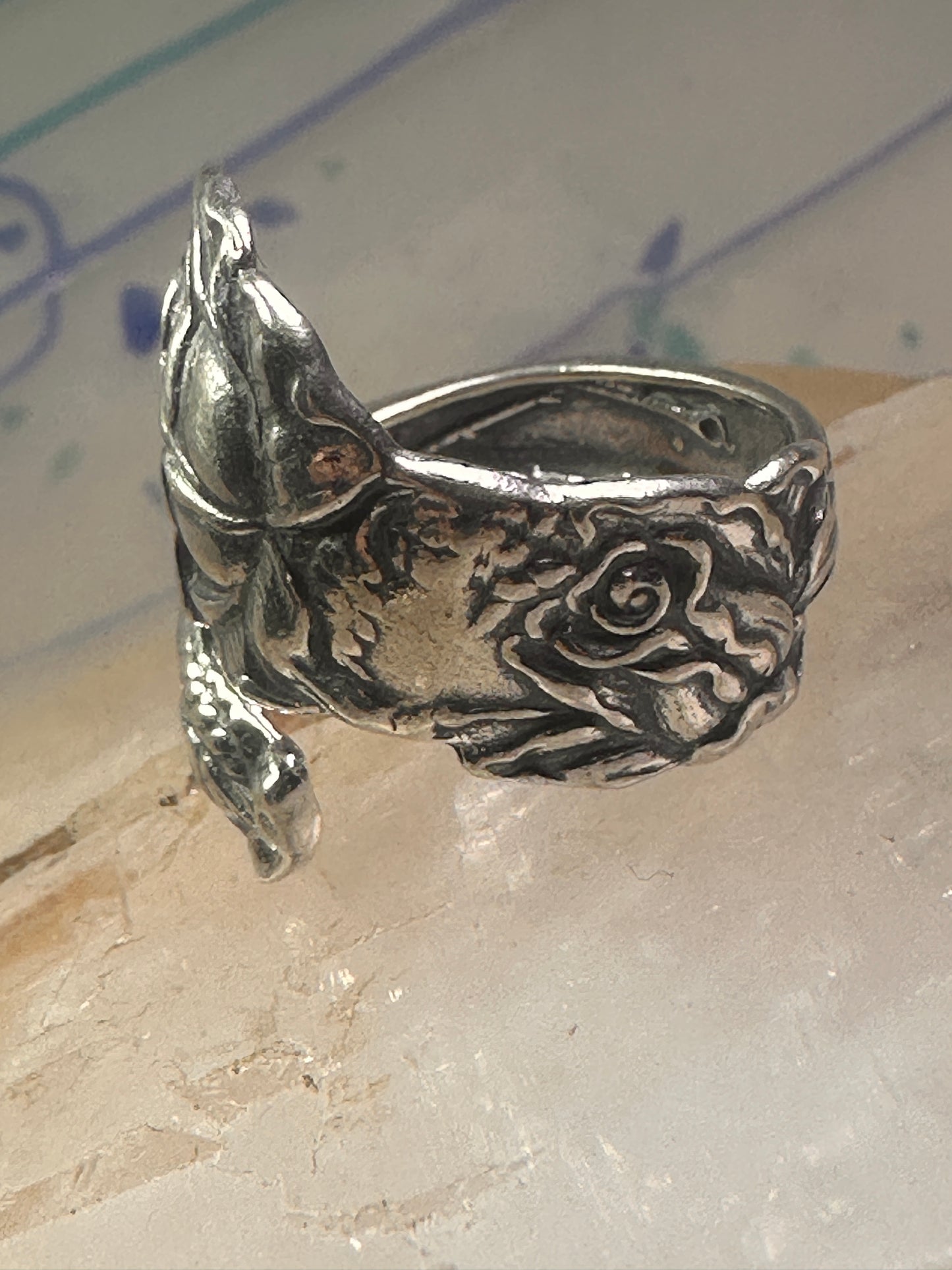 Rose spoon ring size 7 adjustable flower floral sterling silver band