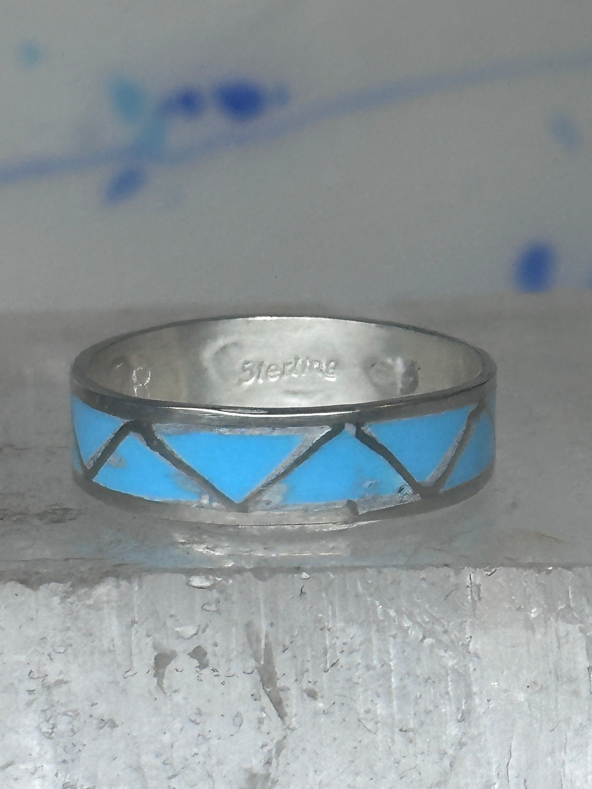 Vintage Sterling Silver Rough Reconstituted Turquoise Geometric Band Size 8.50 8.75 925