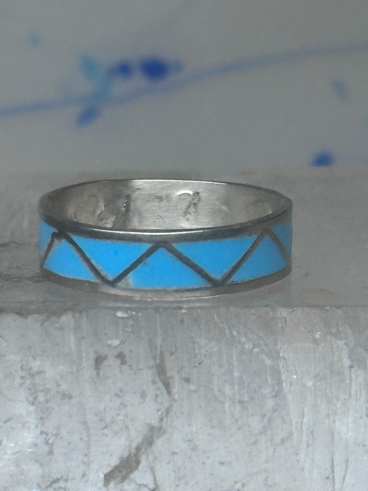 Vintage Sterling Silver Rough Reconstituted Turquoise Geometric Band Size 8.50 8.75 925