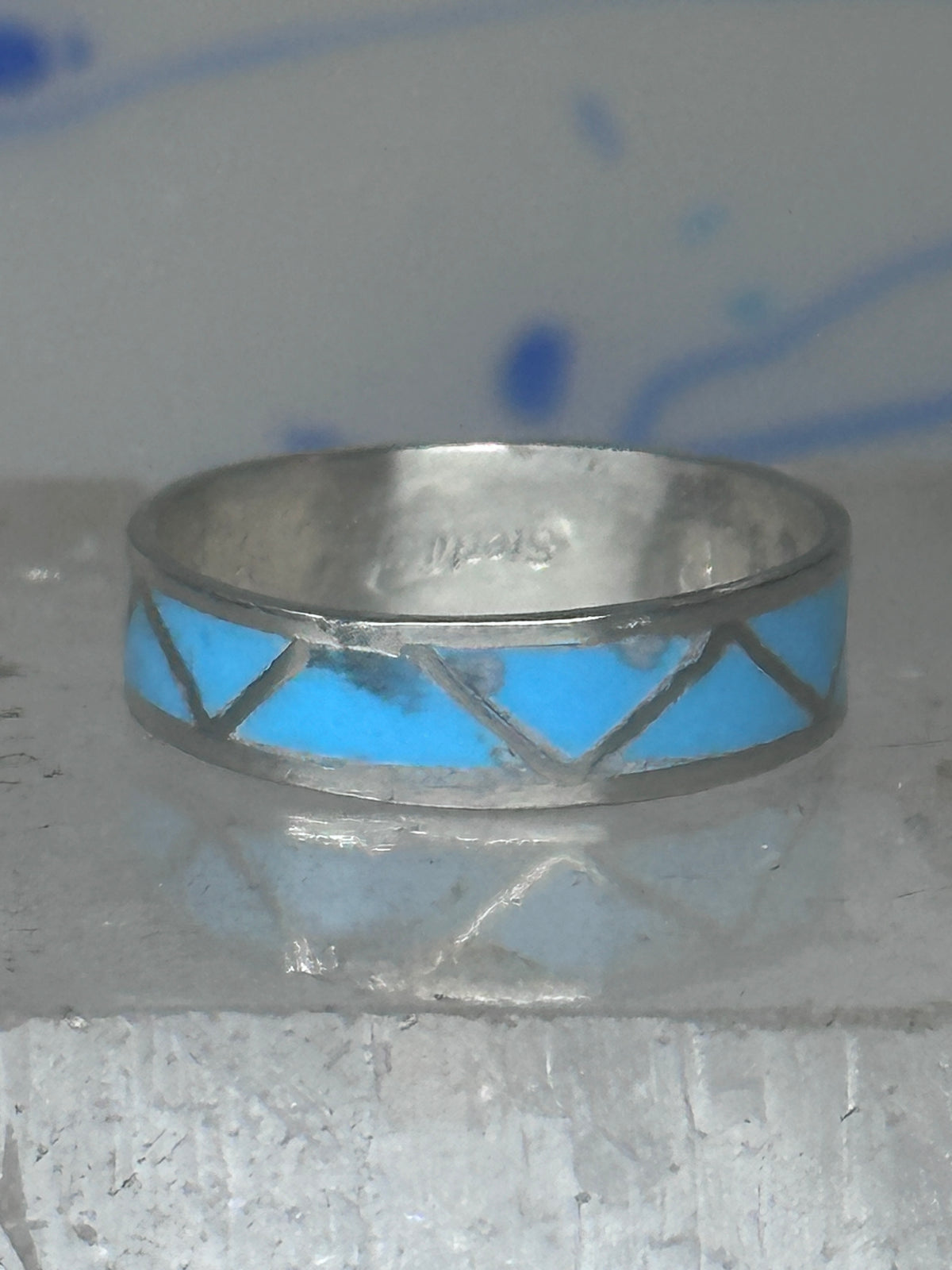 Vintage Sterling Silver Rough Reconstituted Turquoise Geometric Band Size 8.25 925