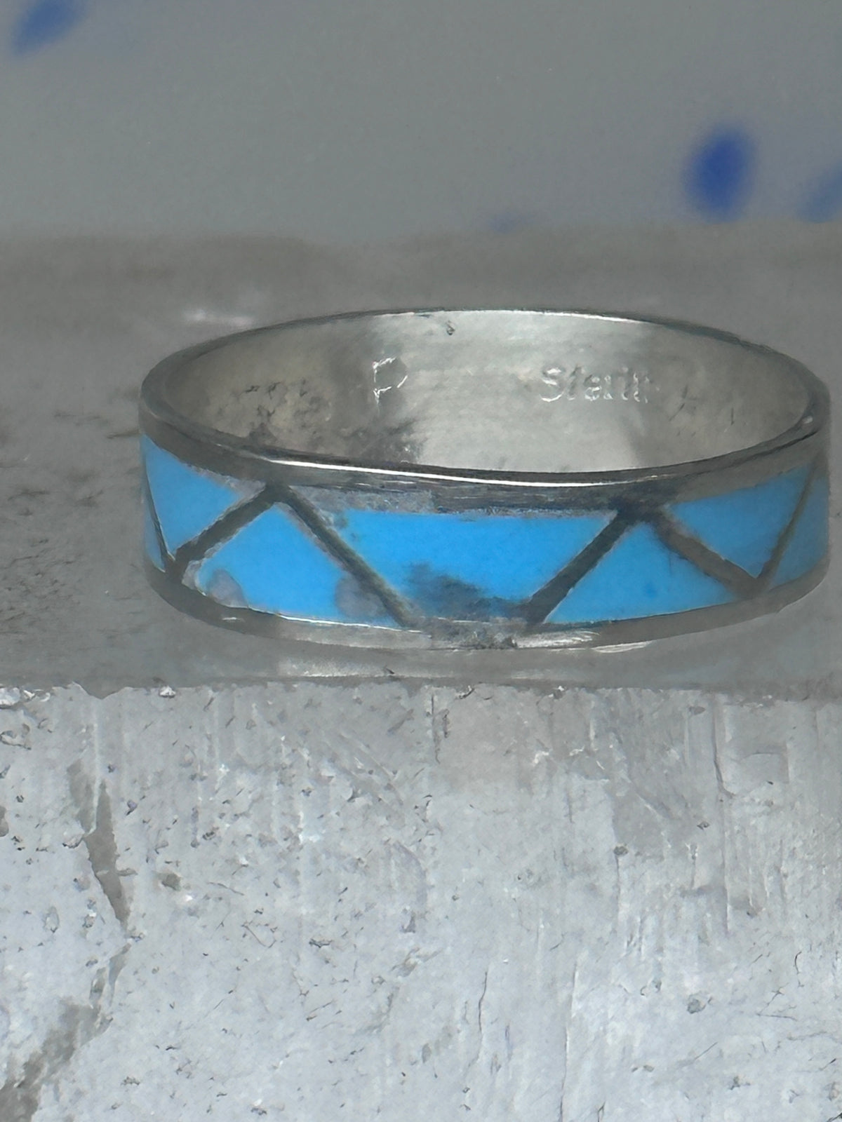 Vintage Sterling Silver Rough Reconstituted Turquoise Geometric Band Size 8.25 925