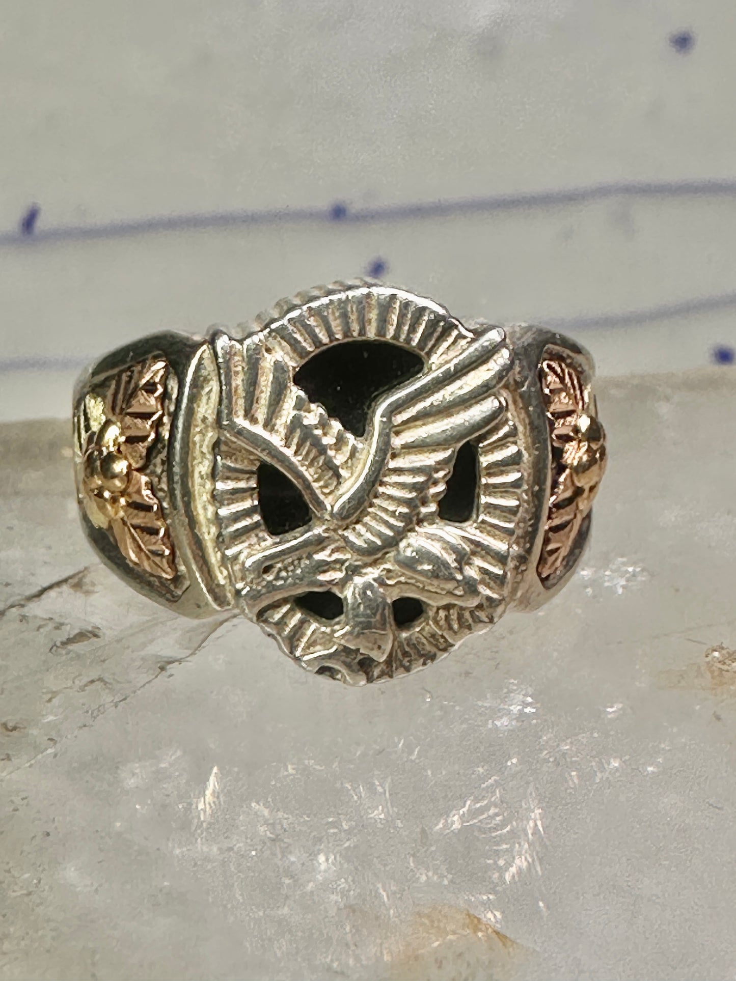 Eagle ring Black Hills Gold w leaves onyx size 12 sterling silver women men