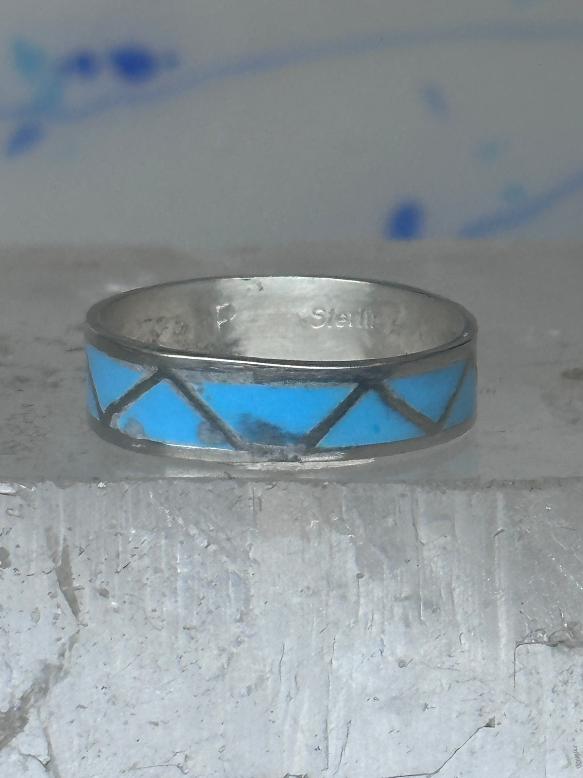 Vintage Sterling Silver Rough Reconstituted Turquoise Geometric Band Size 8.25 925